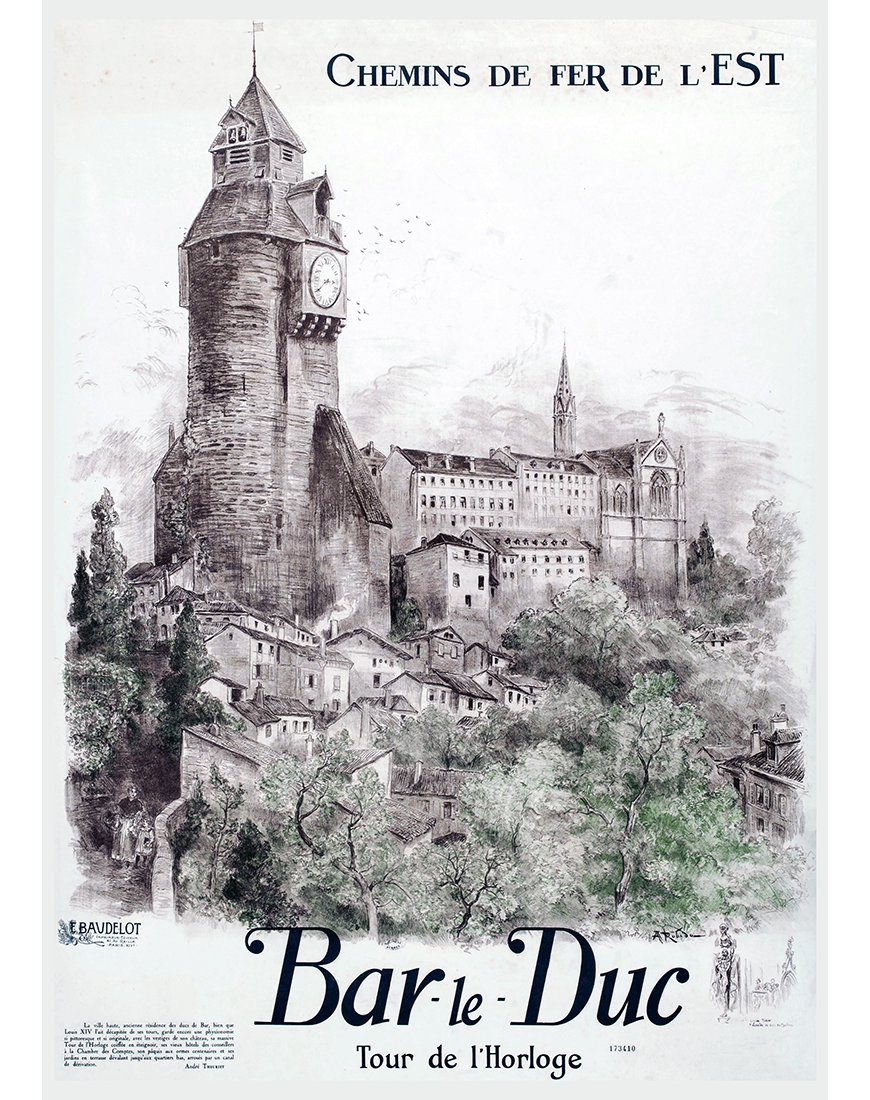 Affiche ancienne Chemins de fer de l’Est Bar-le-Duc et tour de l’horloge