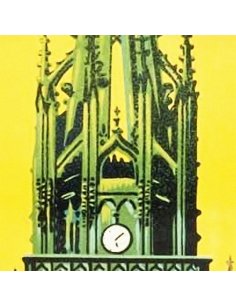 Détail de la flèche avec horloge sur l’affiche ancienne de Champagne