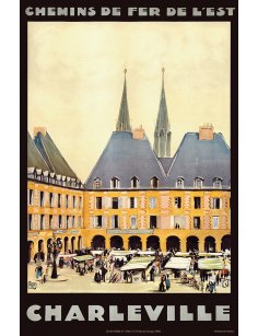 Affiche vintage représentant la place Ducale de Charleville avec marché