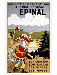 Affiche vintage représentant Épinal avec chat botté et vue sur la ville