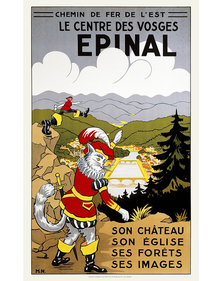 Affiche vintage représentant Épinal avec chat botté et vue sur la ville