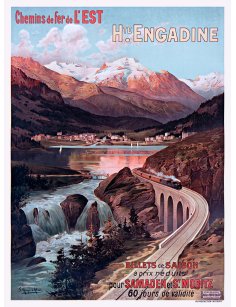 Affiche ancienne de la Haute Engadine en Suisse – Chemins de fer de l'Est