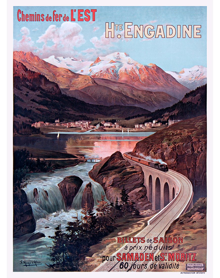 Affiche ancienne de la Haute Engadine en Suisse – Chemins de fer de l'Est