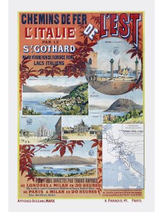 Affiche ancienne des chemins de fer de l'Est vers l'Italie par le Saint-Gothard