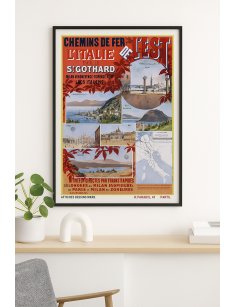 Affiche vintage "Italie par le St Gothard" encadrée dans un intérieur moderne