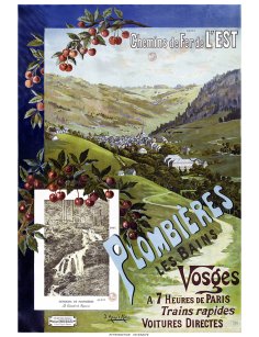 Affiche vintage de Plombières-les-Bains et vue sur la ville, chemins de fer de l’Est