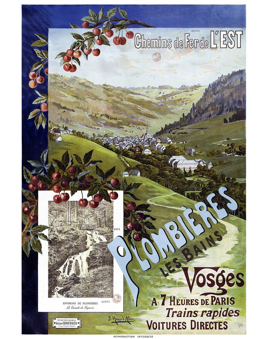 Affiche vintage de Plombières-les-Bains et vue sur la ville, chemins de fer de l’Est