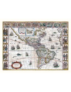 Carte ancienne de l’Amérique en 1645 avec scènes illustrées et navires