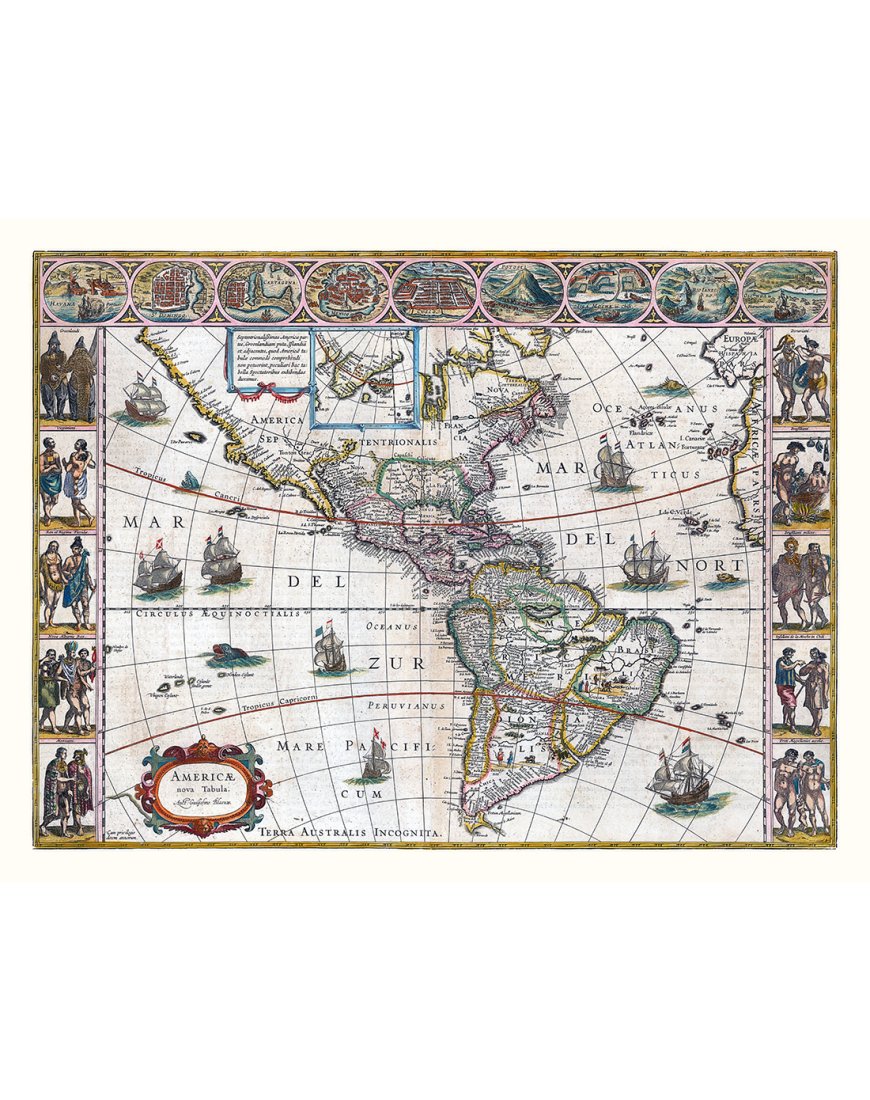 Carte ancienne de l’Amérique en 1645 avec scènes illustrées et navires