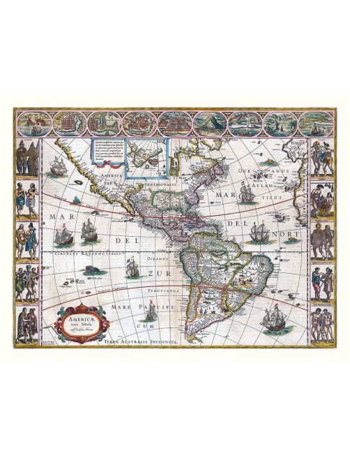 Carte ancienne de l’Amérique en 1645 avec scènes illustrées et navires