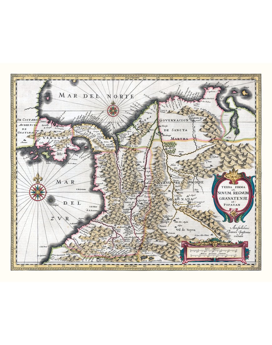 Carte ancienne de l’Amérique centrale de 1635 avec reliefs et détails topographiques