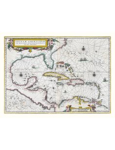 Carte ancienne des Caraïbes et de l’Amérique centrale de 1636 avec routes maritimes et cartouche orné