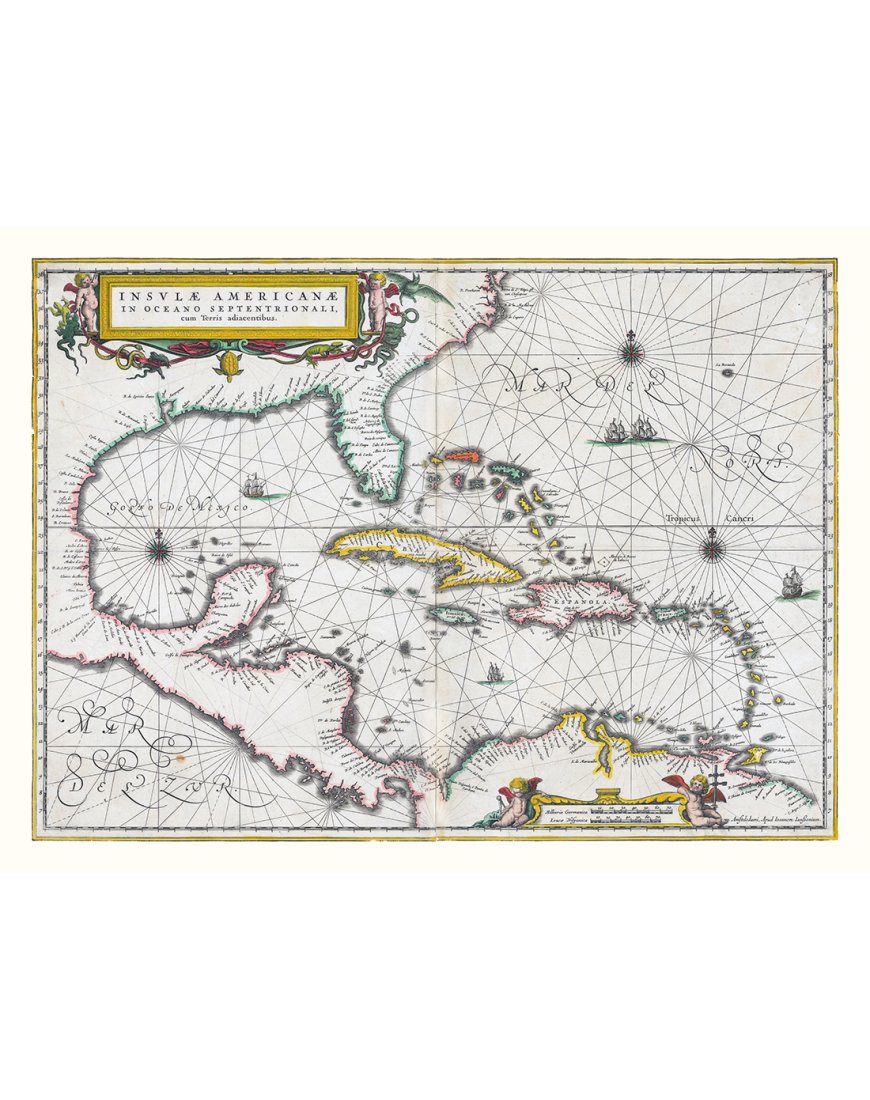 Carte ancienne des Caraïbes et de l’Amérique centrale de 1636 avec routes maritimes et cartouche orné