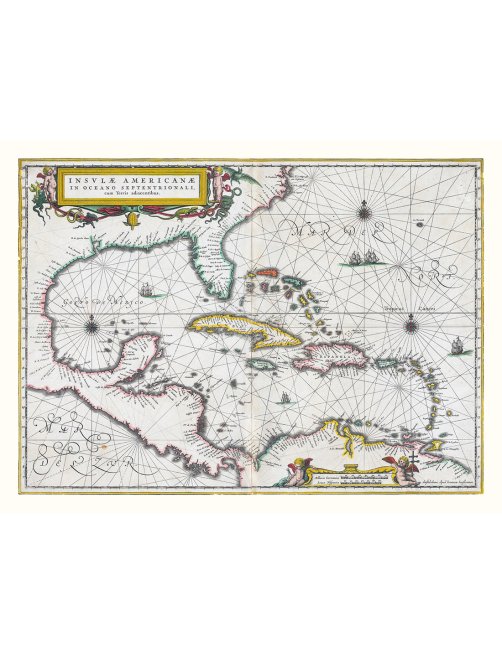 Carte ancienne des Caraïbes et de l’Amérique centrale de 1636 avec routes maritimes et cartouche orné