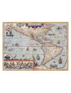 Carte ancienne de l’Amérique en 1606 avec navires, scènes indigènes