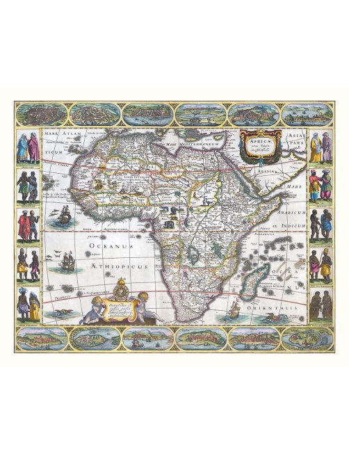 Carte ancienne de l’Afrique datant de 1623, avec scènes indigènes et bordures illustrées