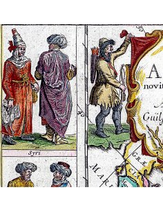 Gros plan sur les figures en costumes traditionnels des différentes nations d'Asie sur la carte de 1664
