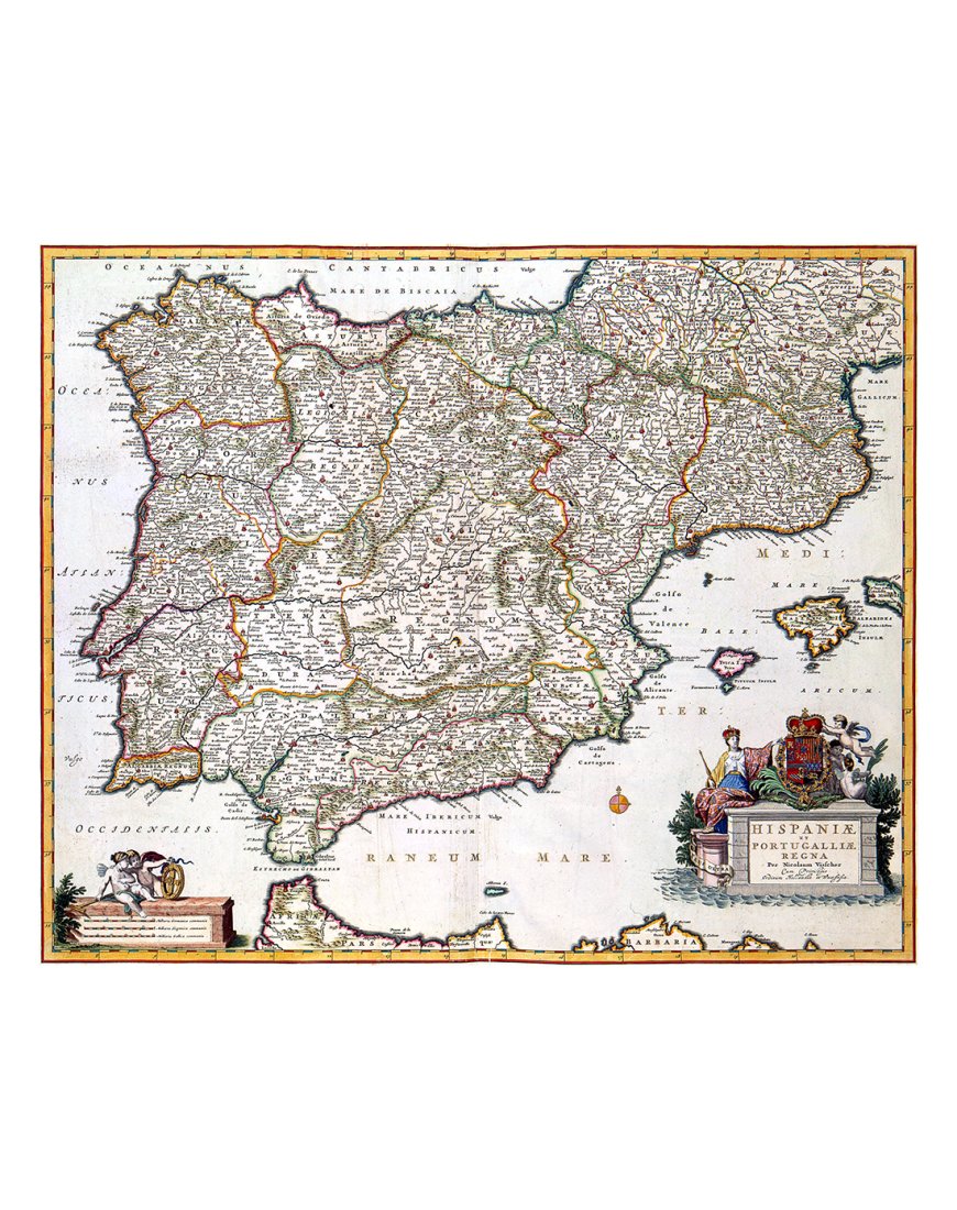 Carte ancienne de la péninsule Ibérique (Espagne et Portugal) par Visscher, 1681