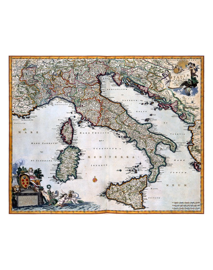 Carte ancienne de l’Italie publiée par Nicolas Visscher en 1681, intitulée Totius Italiae Tabula