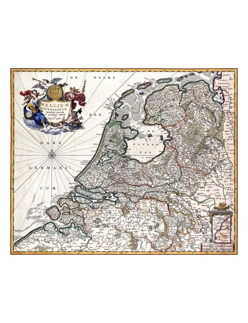 Carte ancienne des Pays-Bas par Visscher, intitulée Belgium Foederatum, édition 1680 Carte ancienne des Pays-Bas par Visscher, intitulée Belgium Foederatum, édition 1680