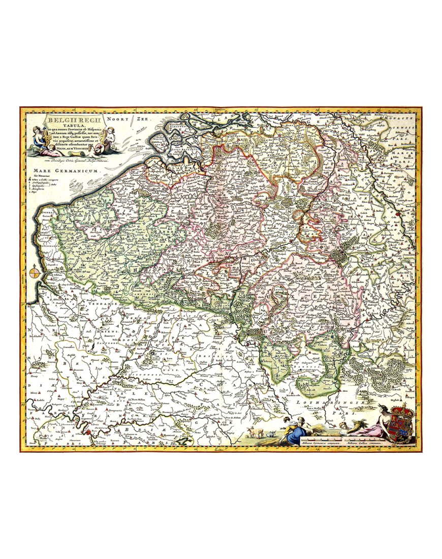 Carte ancienne de la Belgique réalisée par Nicolas Visscher en 1684, titre latin Belgii Regii Tabula