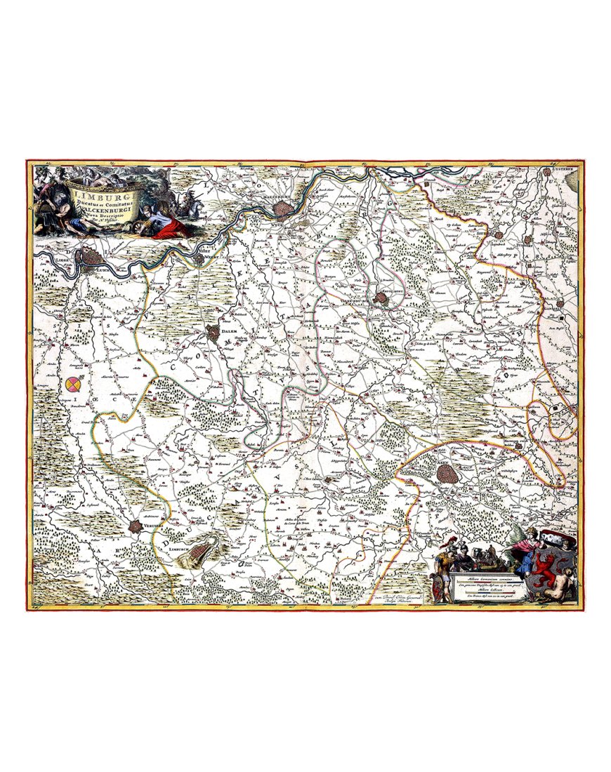 Carte ancienne du Limbourg gravée en 1680 par Nicolas Visscher, vue d’ensemble