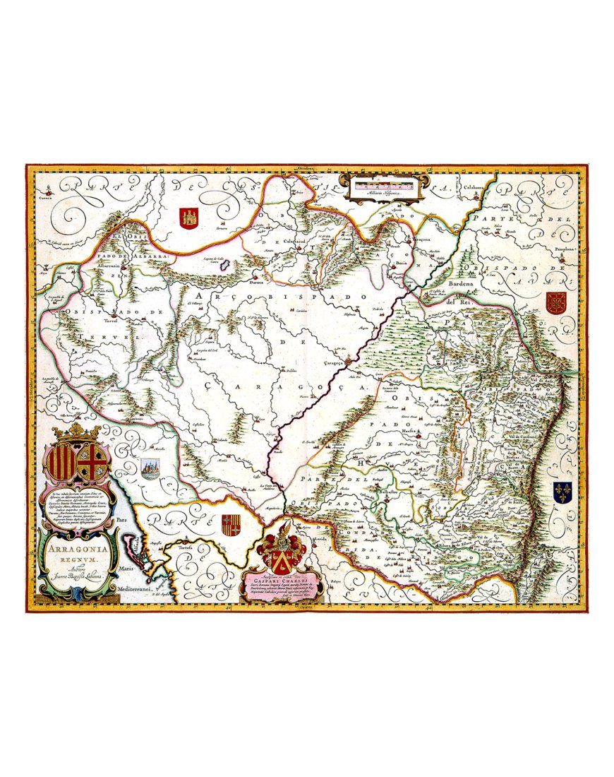Carte ancienne du royaume d’Aragon gravée par Willem Blaeu en 1638