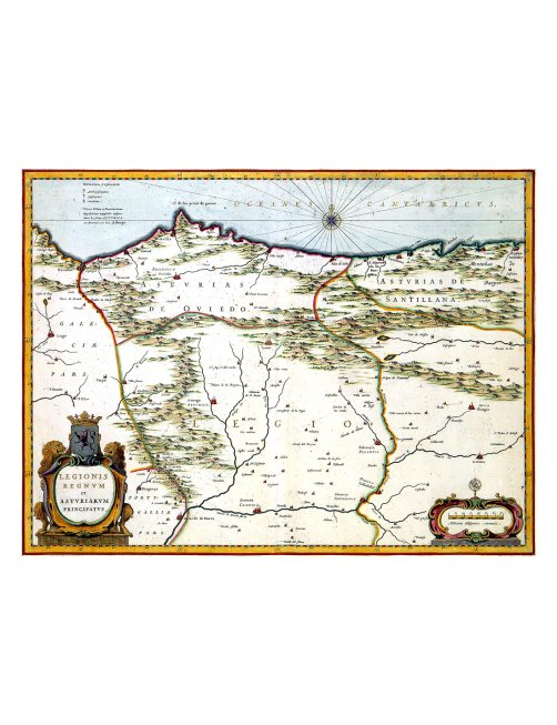 Carte ancienne des Asturies et du royaume de León dessinée par Willem Blaeu en 1630, reproduction historique précise