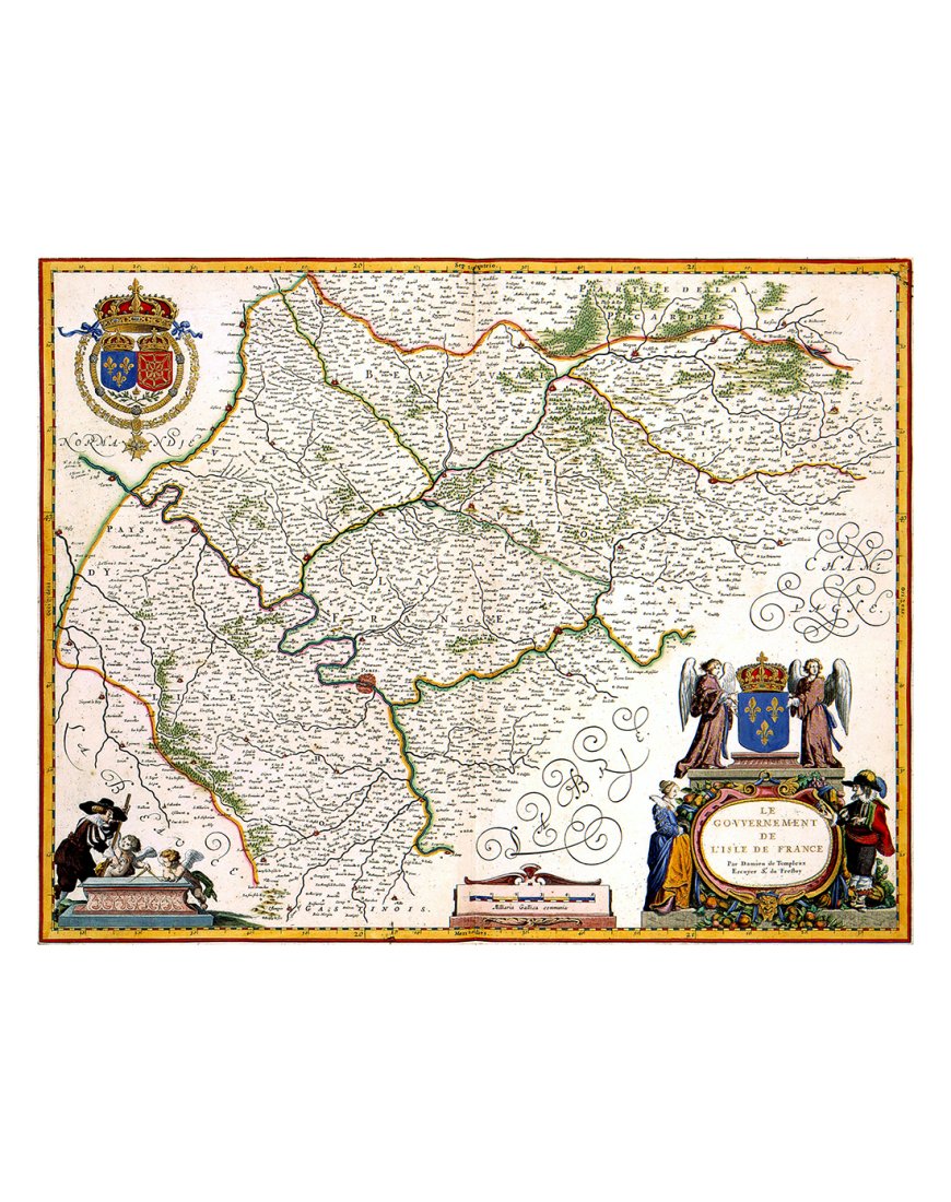 Vue d'ensemble de la reproduction de la carte ancienne de l'Île-de-France de 1635 par Damien de Templeux.
