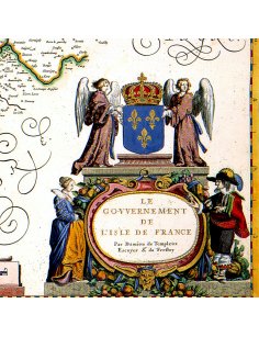 Zoom sur le cartouche décoratif et les armoiries de la carte de l'Île-de-France de 1635.