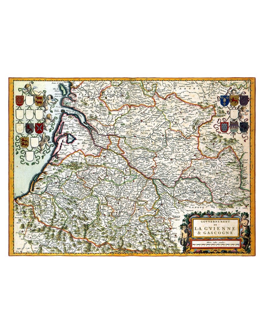 Vue d'ensemble de la reproduction de la carte ancienne de Guyenne et Gascogne (1662) par Joan Blaeu.