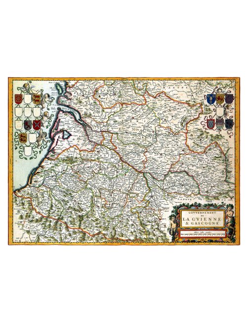 Vue d'ensemble de la reproduction de la carte ancienne de Guyenne et Gascogne (1662) par Joan Blaeu.