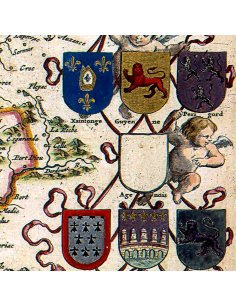 Zoom sur les blasons et armoiries décoratifs de la carte de Guyenne et Gascogne de Joan Blaeu (1662).