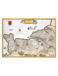 Vue d'ensemble de la reproduction de la carte ancienne de Normandie (1635) par Willem Blaeu.