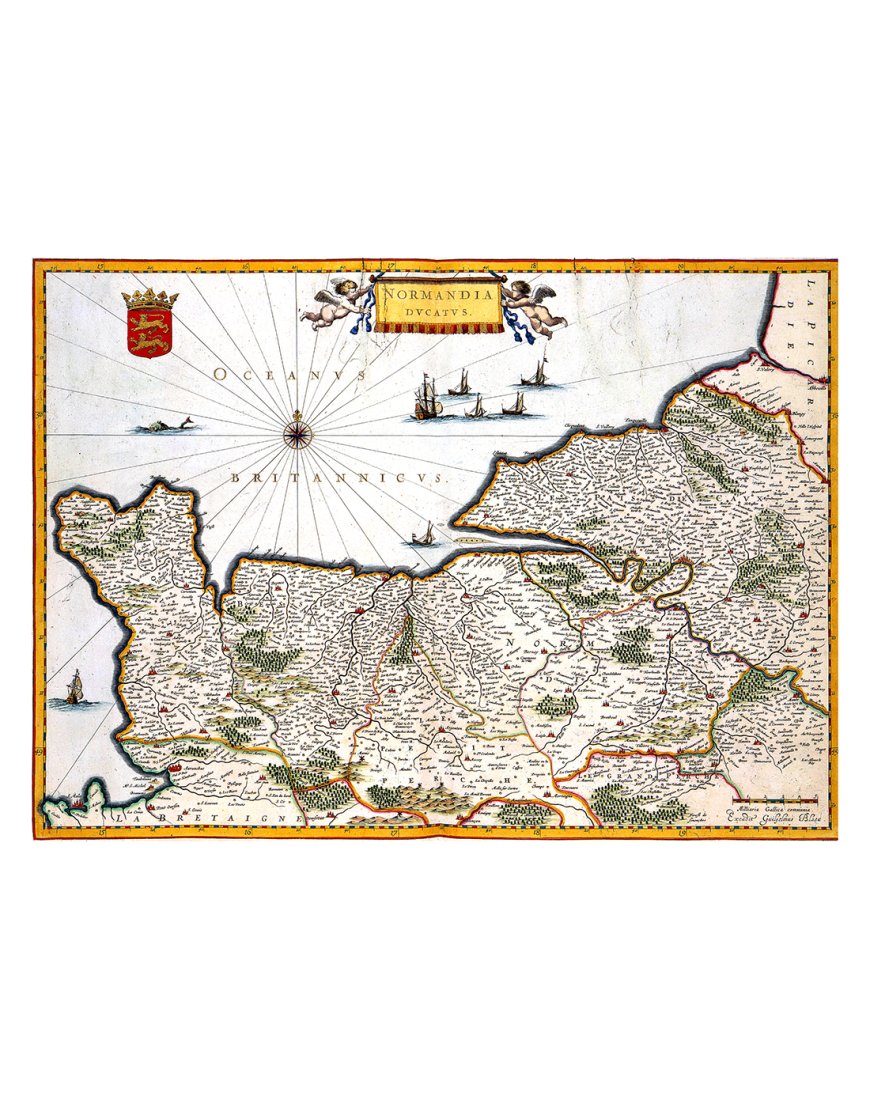 Vue d'ensemble de la reproduction de la carte ancienne de Normandie (1635) par Willem Blaeu.