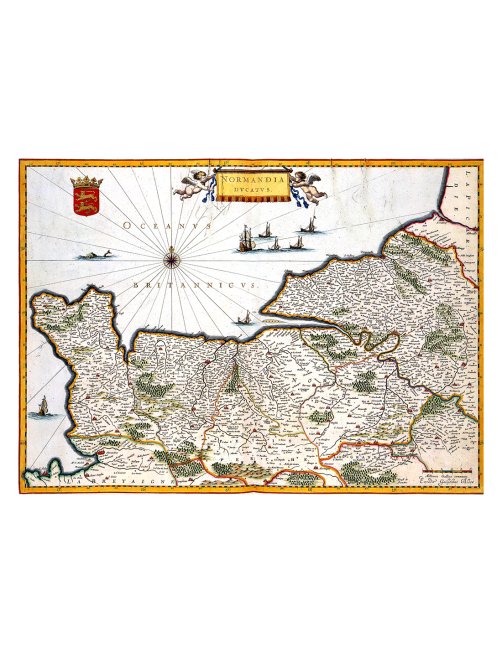 Vue d'ensemble de la reproduction de la carte ancienne de Normandie (1635) par Willem Blaeu.