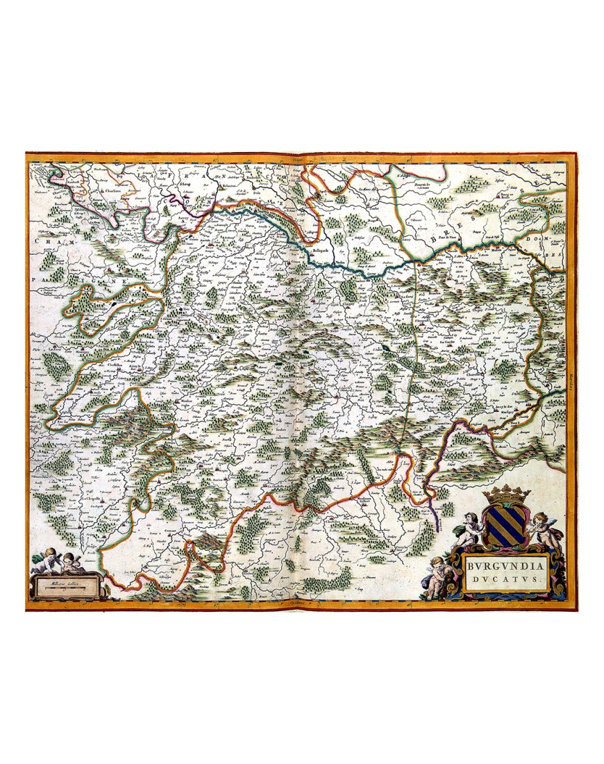 Vue d'ensemble de la reproduction de la carte ancienne de Bourgogne (1662) par Joan Blaeu.