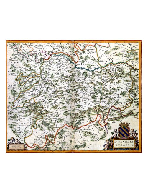 Vue d'ensemble de la reproduction de la carte ancienne de Bourgogne (1662) par Joan Blaeu.