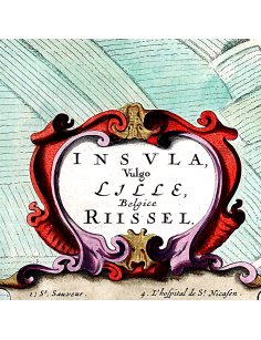 Détail du cartouche ornemental et des armoiries sur le plan ancien de Lille par Joan Blaeu (1649)