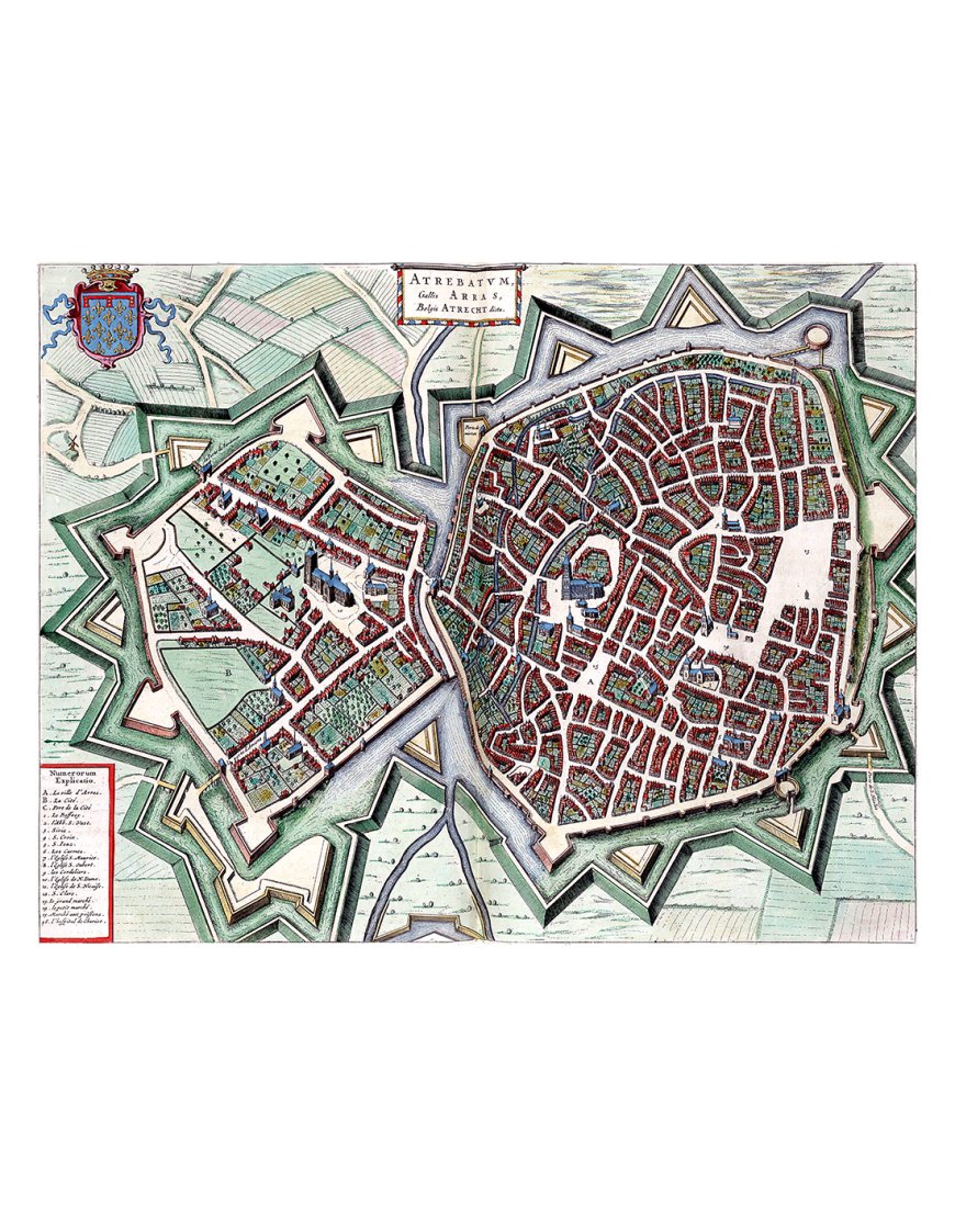 Plan ancien détaillé de la ville fortifiée d'Arras par Joan Blaeu (1649)
