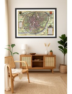 Plan ancien de Bruxelles (Brussel) par Braun et Hogenberg (1575) encadré dans un intérieur historique