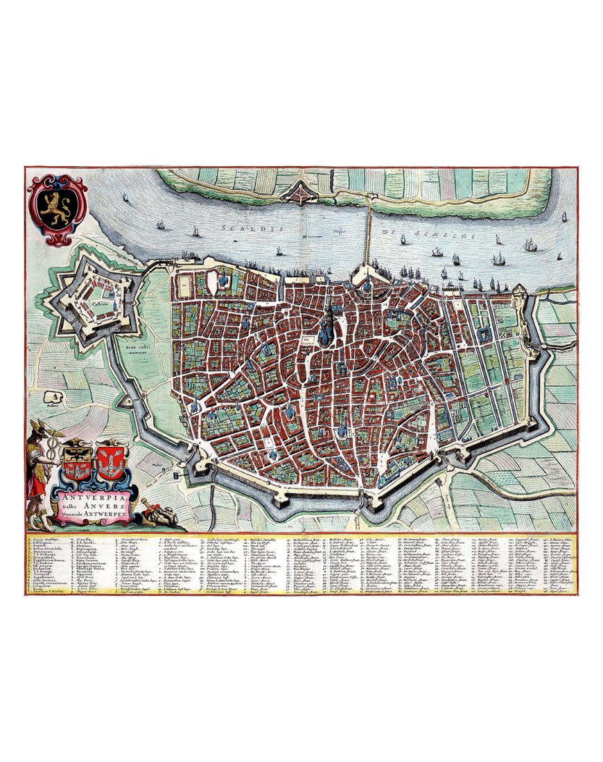 Plan ancien détaillé de la ville d'Anvers (Antwerpen) avec ses fortifications par Joan Blaeu (1649)