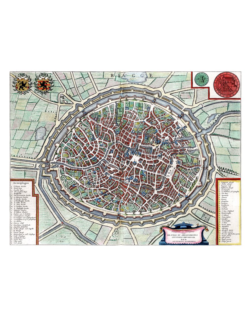 Plan ancien détaillé de la ville de Bruges (Brugge) avec ses canaux par Joan Blaeu (1649)