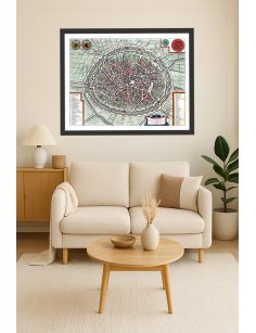 Plan ancien de Bruges (Brugge) par Joan Blaeu (1649) encadré dans un intérieur élégant et historique