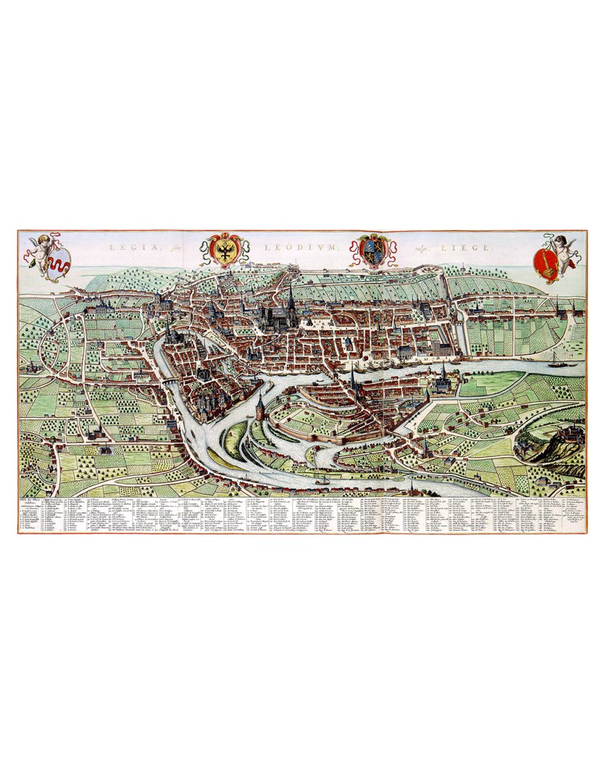 Plan ancien détaillé de la ville de Liège (Luik) avec la Meuse par Joan Blaeu (1649)