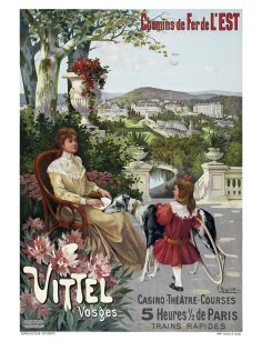 Affiche vintage "Vittel, Chemins de Fer de l'Est" par Frédéric Hugo d'Alési, avec une dame et une petite fille