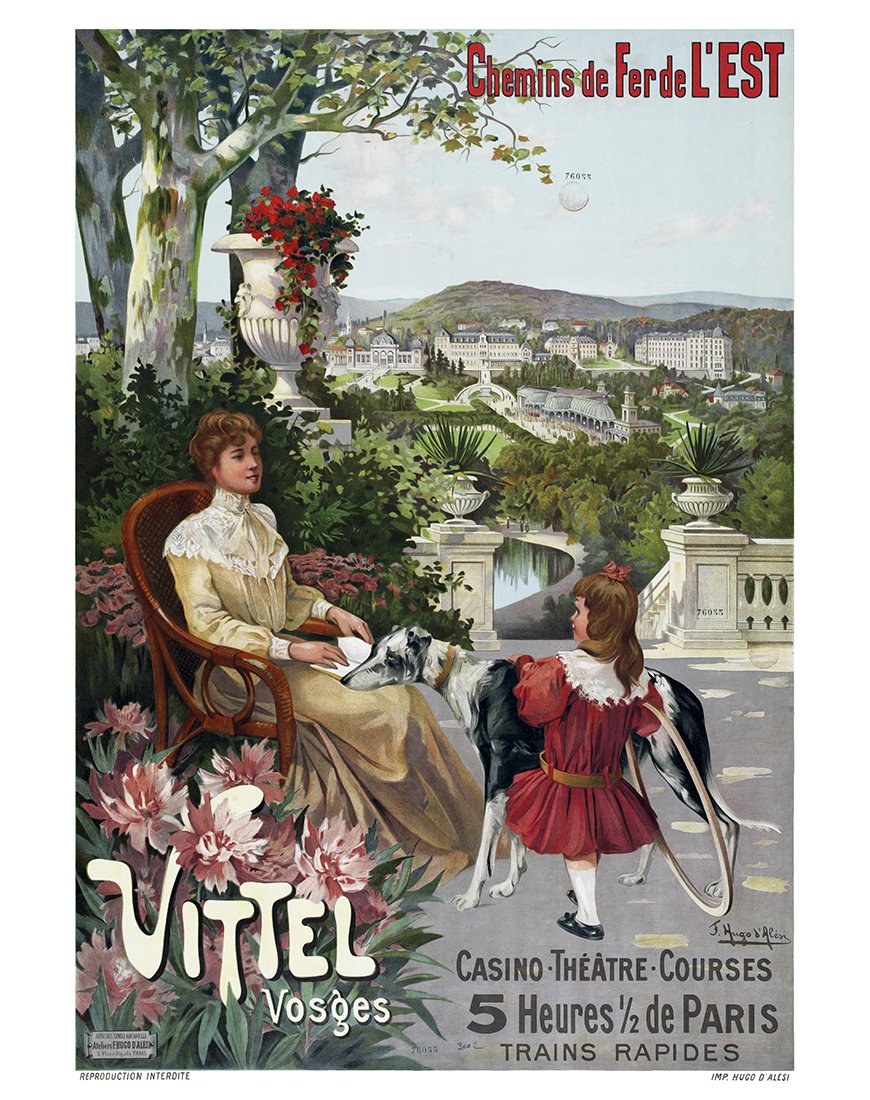 Affiche vintage "Vittel, Chemins de Fer de l'Est" par Frédéric Hugo d'Alési, avec une dame et une petite fille