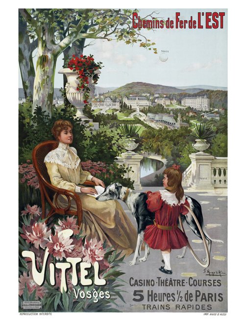 Affiche vintage "Vittel, Chemins de Fer de l'Est" par Frédéric Hugo d'Alési, avec une dame et une petite fille
