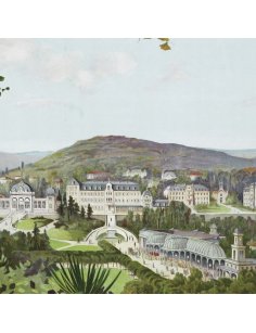 Détail des bâtiments des thermes de Vittel en arrière-plan sur l'affiche vintage par Frédéric Hugo d'Alési