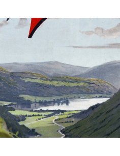 Détail de la vallée verdoyante et du lac en arrière-plan sur l'affiche rétro des Vosges